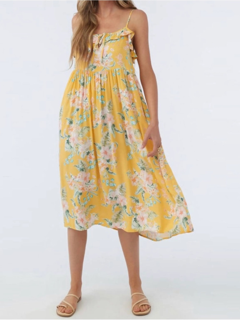 O'Neill Yellow Floral Tie-Front Sundress with Green Accents